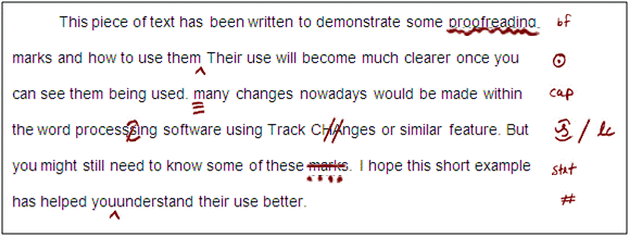 Example of proofreading marks being used to correct a text.